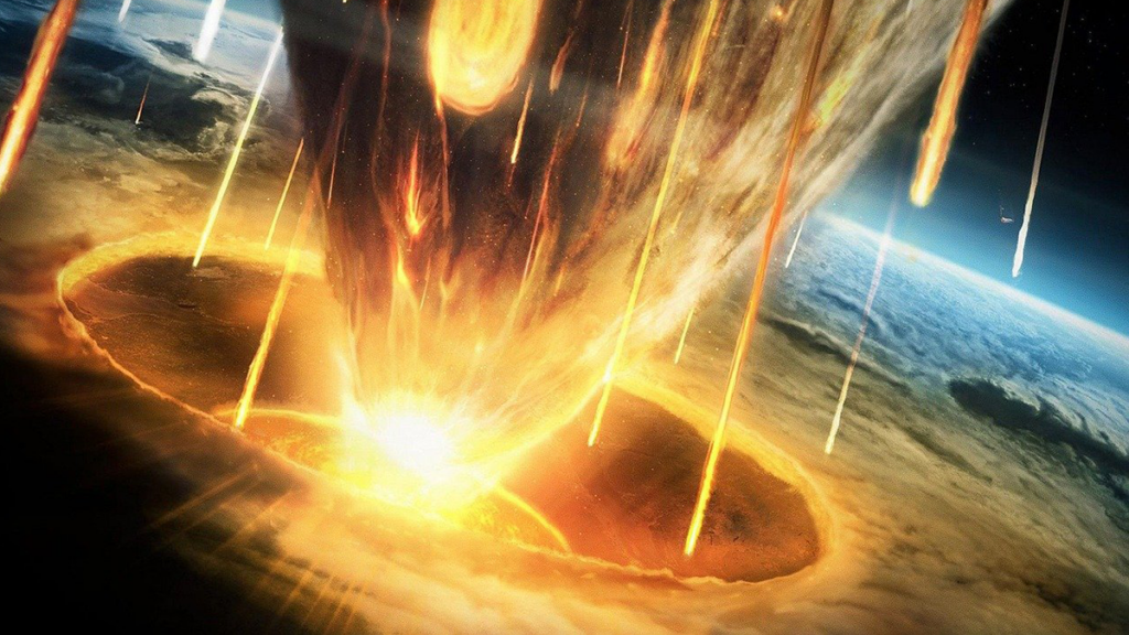 An illustration depicts a meteorite impacting Earth, causing a large explosion.