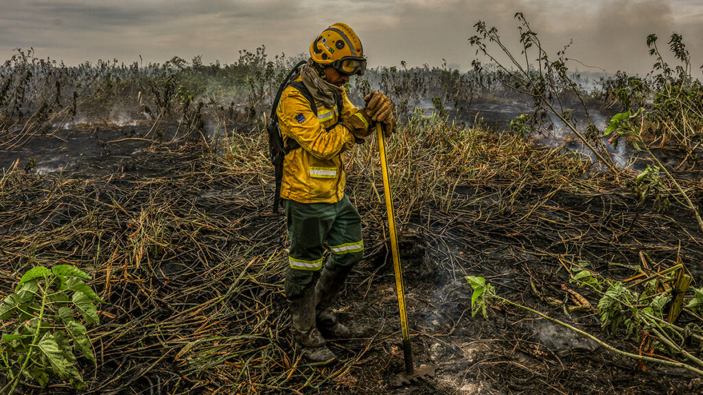 A firefighter from Brazil’s environment agency combats blazes in the Pantanal municipality of Corumbá, Mato Grosso, in June 2024.