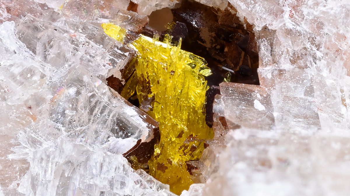 Bright yellow mineral shards appear through a window in a clear and white mineral.
