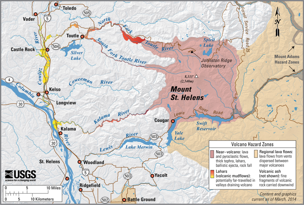 Un mapa de peligros simplificado alrededor del Monte St. Helens en el estado de Washington que destaca las zonas en riesgo de peligros como flujos piroclásticos y desprendimientos de rocas cerca del volcán, así como flujos de lodo a mayor distancia.