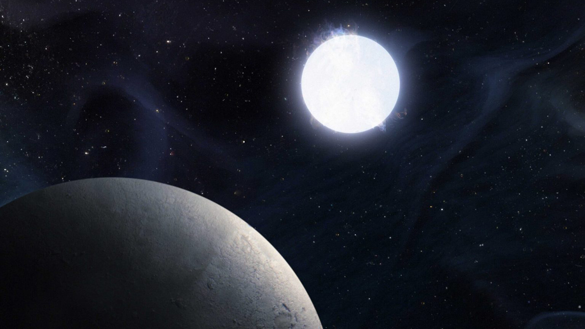 A bright blue-white ball, the white dwarf, is surrounded by stars and faint wisps, with part of a dark sphere in front of it, the possible Earth-like planet.