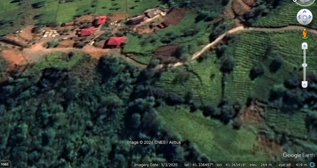 Google Earth image from 2020 showing the crown of the 8 December 2024 Arhavi landslide in Turkey.