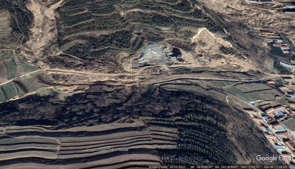 A Google Earth view of the 1 September 2022 Huzhu landslide in China, showing the road displaced by the failure at the toe of the slope.