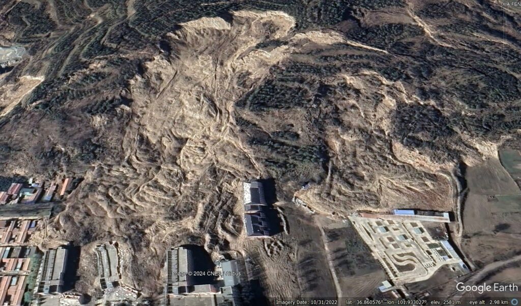 A Google Earth view of the 1 September 2022 Huzhu landslide in China, showing the two of the more mobile loess failures.