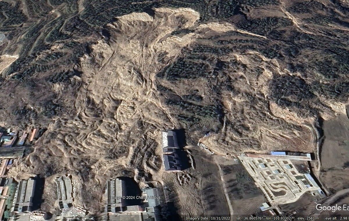 A Google Earth view of the 1 September 2022 Huzhu landslide in China, showing the two of the more mobile loess failures.