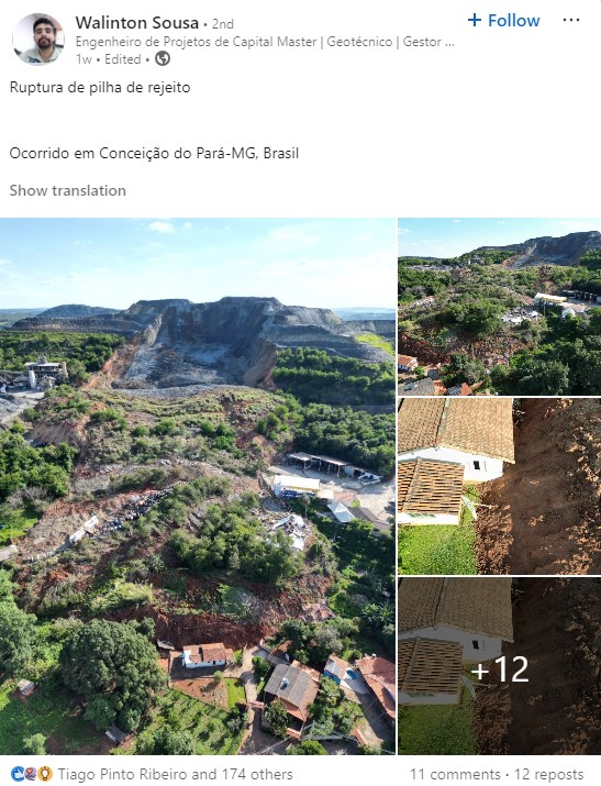A screenshot of the LinkedIn post by Walinton Sousa, showing images of the 7 December 2024 Turmalina mine landslide.