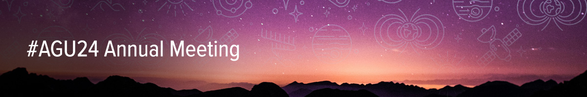 Banner showing a glowing sunset in shades of pink near the horizon, fading upward into purple above a silhouetted skyline. Overlaying the photo are faint pale line illustrations of scientific concepts related to Earth and space, such as stars, satellites, planets, and Earth’s magnetic field. In bold white atop the image appear the words “#AGU24 Annual Meeting.”
