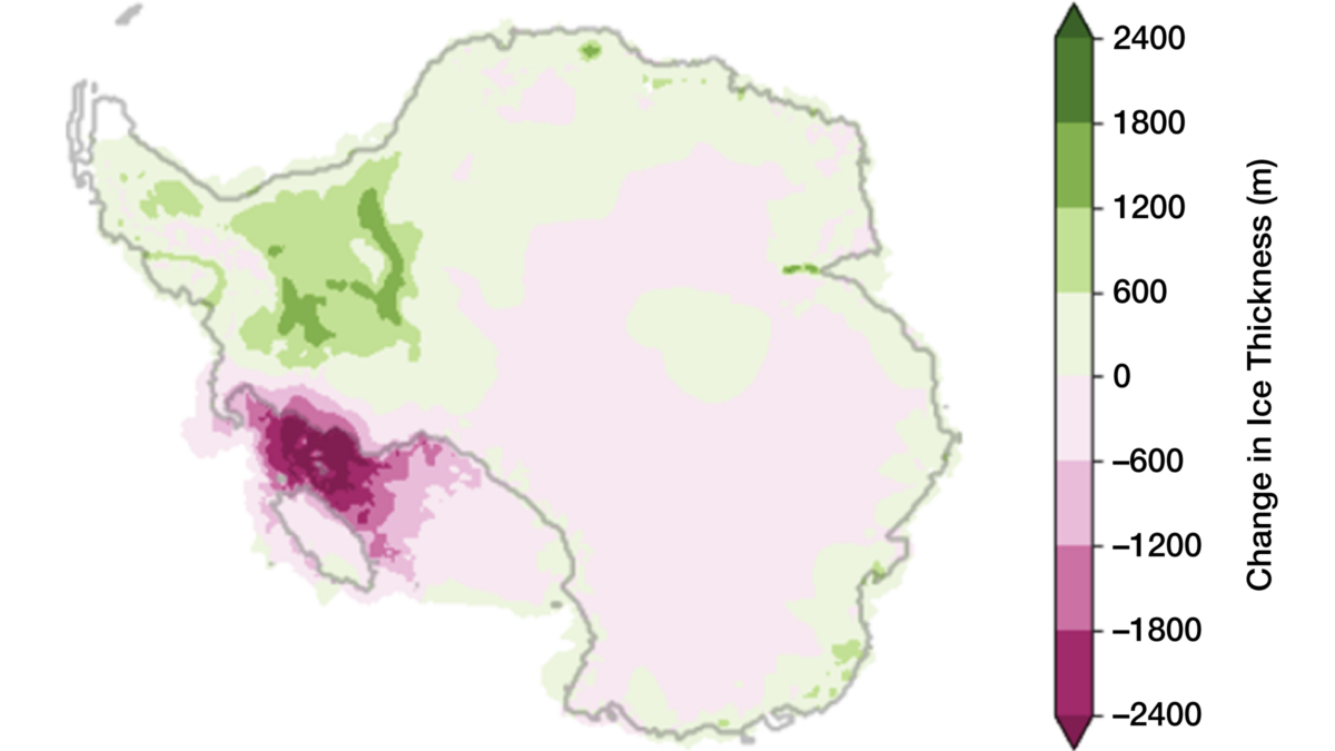 Map of Antarctica colored in shades of green and purple showing the changes in ice thickness