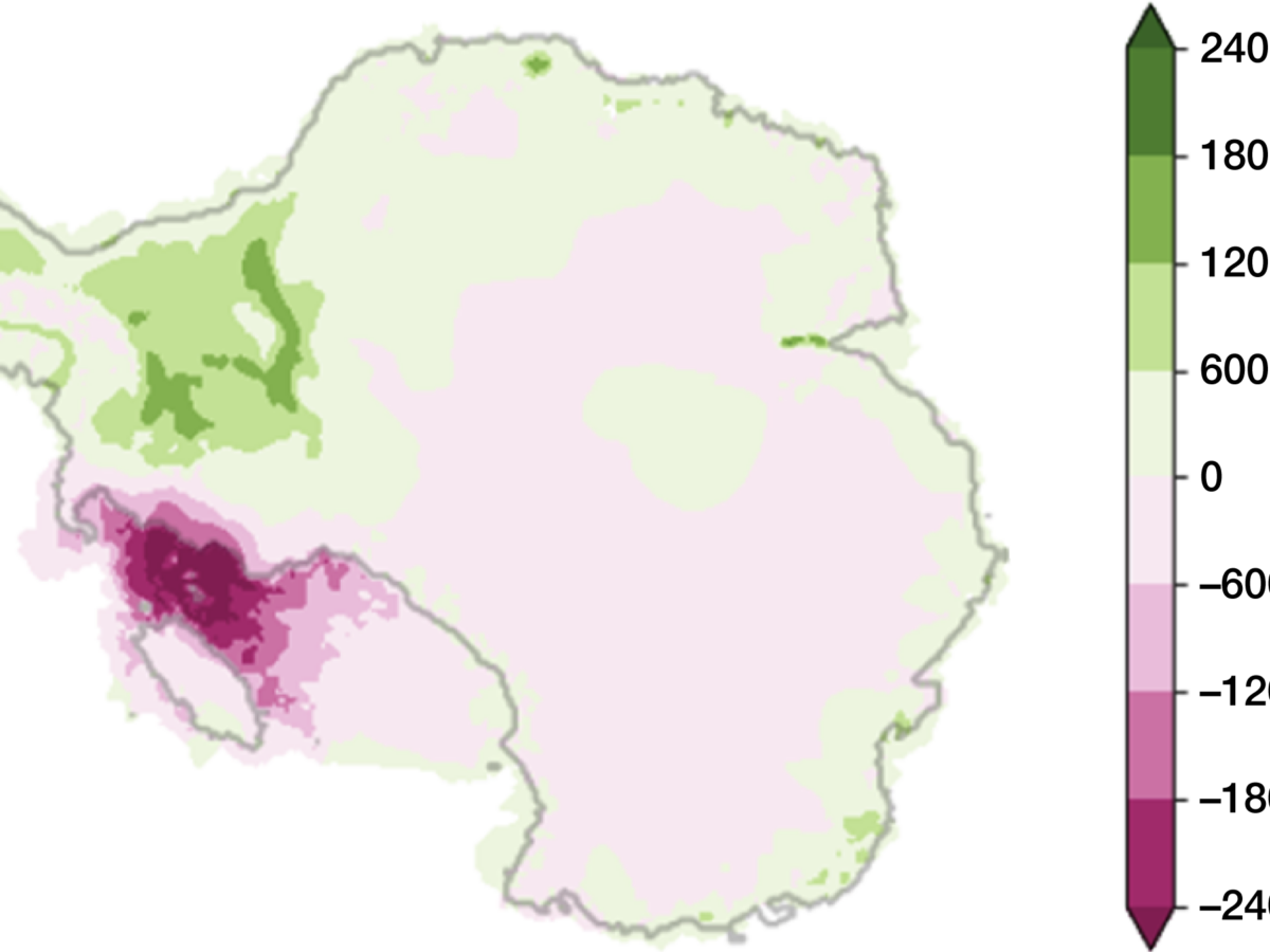 Map of Antarctica colored in shades of green and purple showing the changes in ice thickness