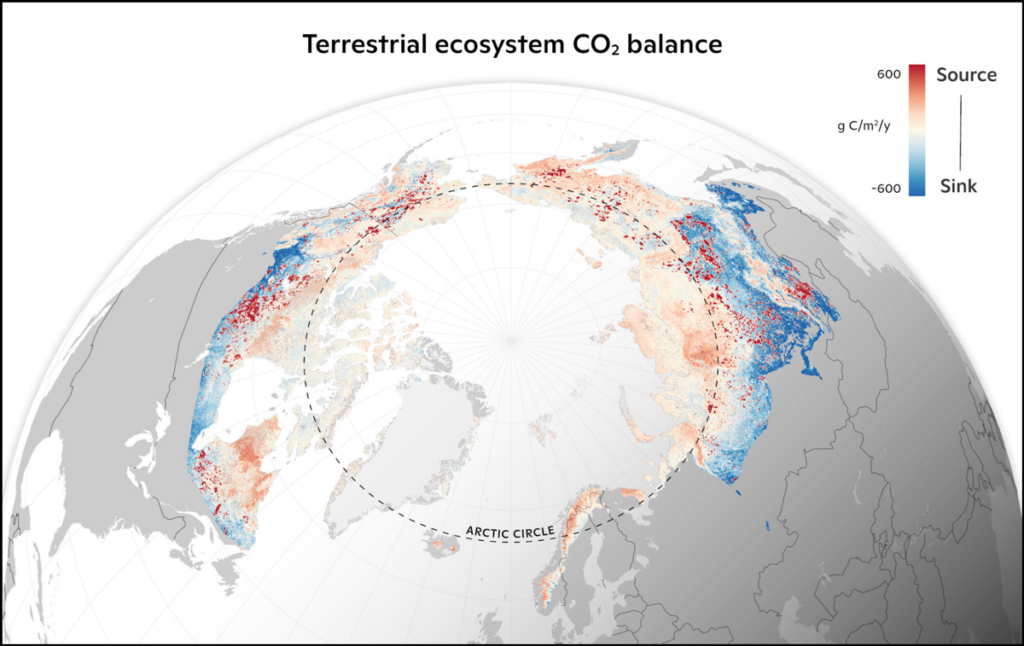 A map of the Arctic shows carbon dioxide fluxes. The proportion of locations that are sources of carbon dioxide compared to sinks increases as latitude increases. Dark red indicates areas with emissions from wildfire.