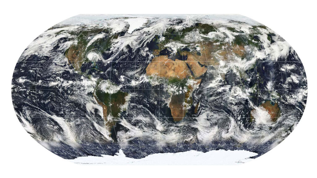 A flattened image of Earth’s globe, with swirling clouds seen in much of the atmosphere.