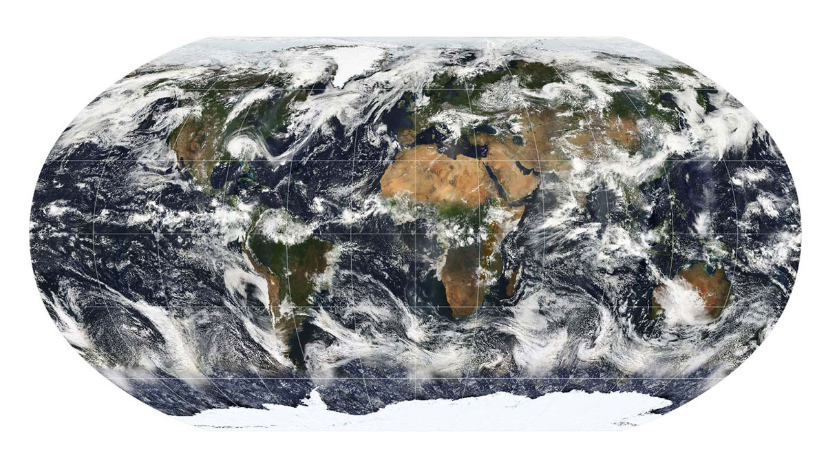 A flattened image of Earth’s globe, with swirling clouds seen in much of the atmosphere.