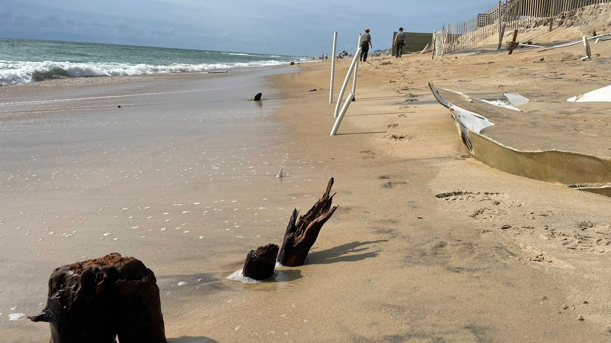 Park rangers walk away from marine debris. A small stump appears by the waterline.