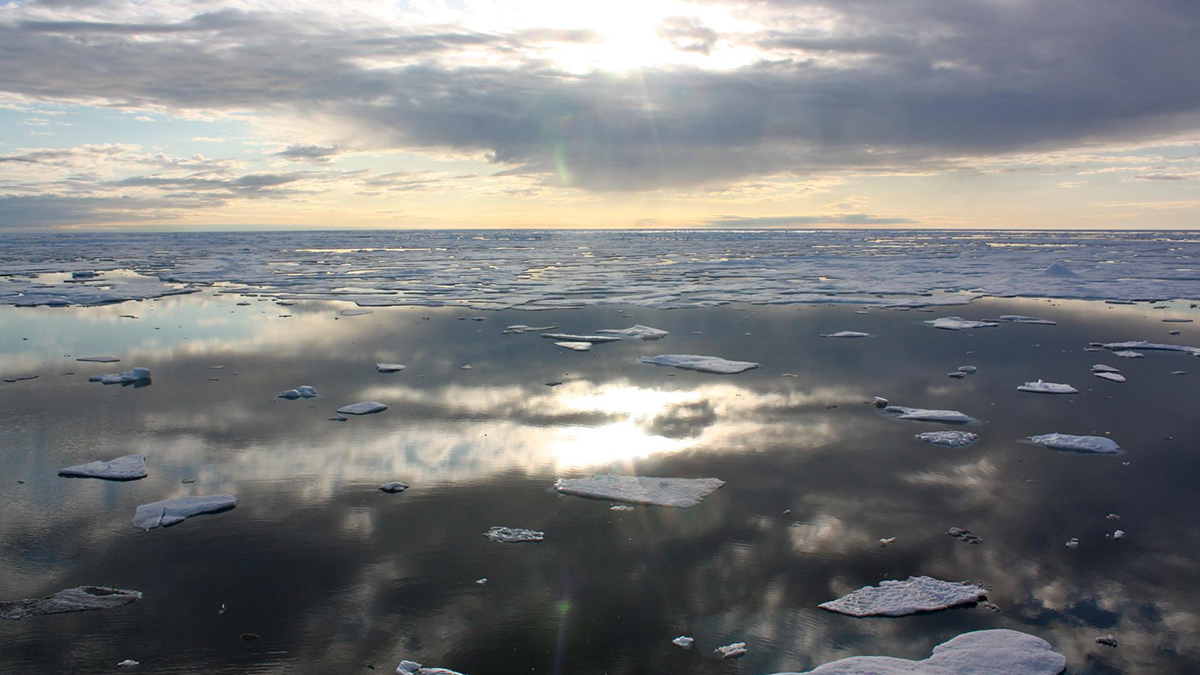 An Arctic seascape shows fragments of ice floating in the ocean under a partly cloudy sky.