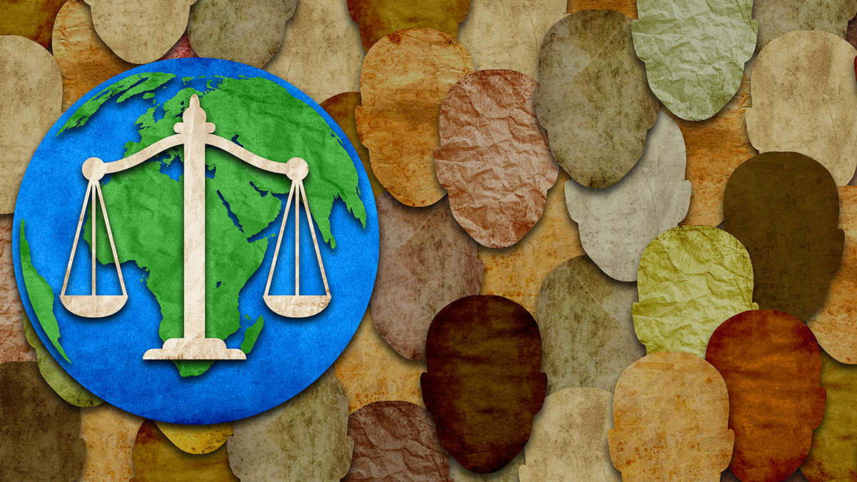 Illustration depicting a scale of justice and Earth overlying a background created from paper cutouts of blank faces of different colors.