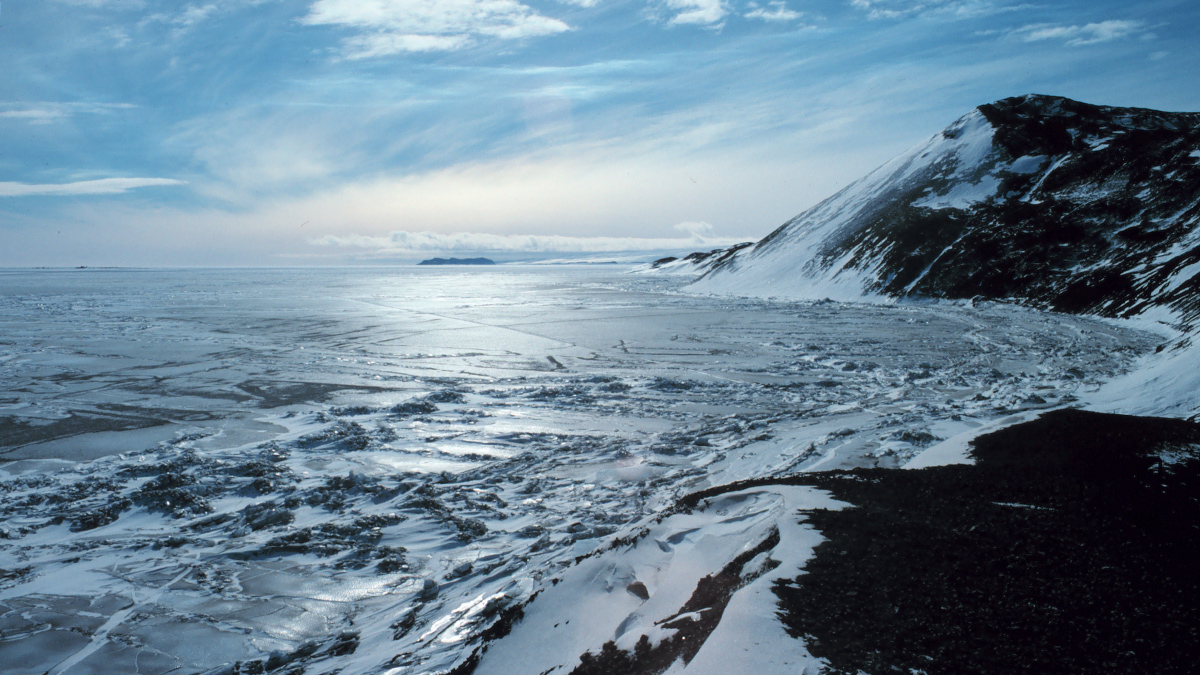 Rough ice extends away from a hilly, frozen shoreline.