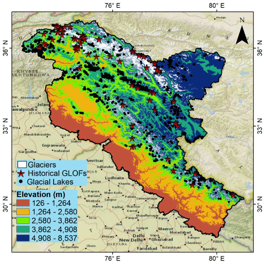 Map of northwest India with elevations shaded from red to dark blue. Locations of glaciers, glacial lakes, and historical GLOF events are marked.