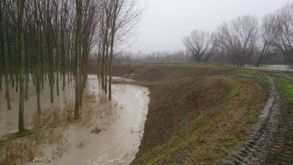 A dirt- and grass-covered levee next to a flooded stream. In the distance, the levee has a hole with water coming out.