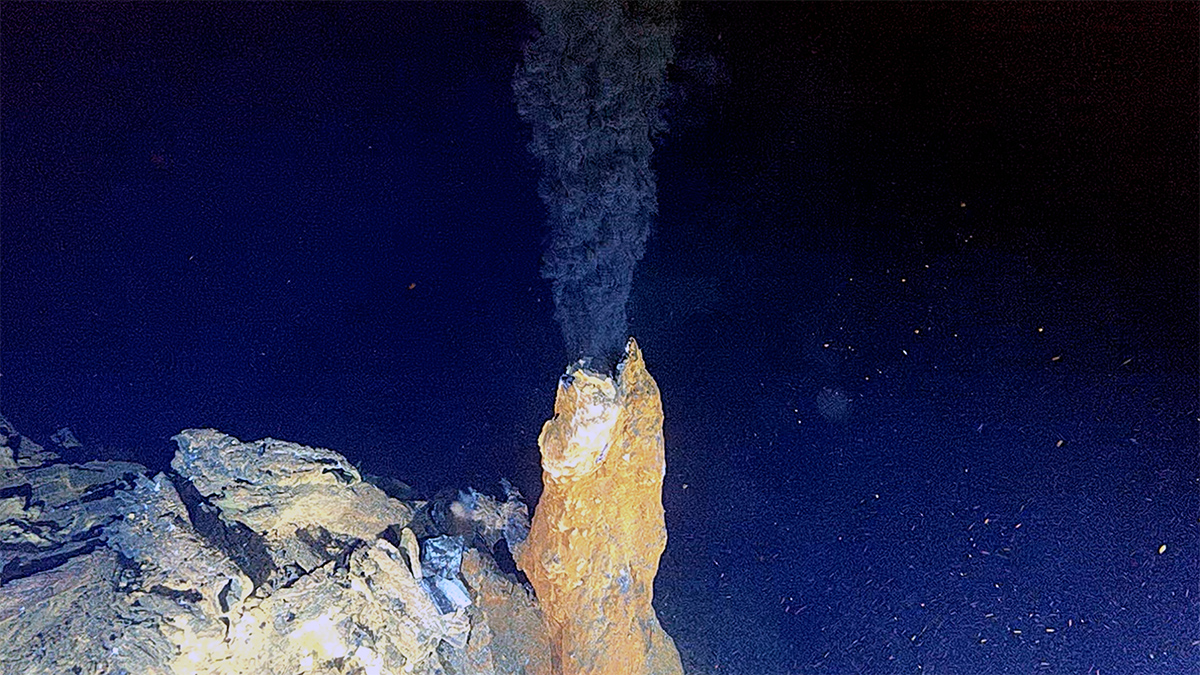 A black smoker, shaped like a stone cylinder on the ocean floor, spews black smoke into the water.