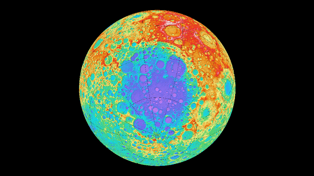 A rainbow-hued image of the Moon; different colors correspond to different elevations. The surface is covered in circle-shaped craters.