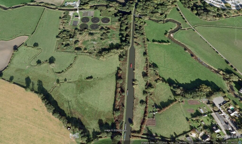 A Google Earth image of the site of the 1 January 2025 embankment failure on the Bridgewater Canal.