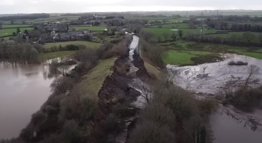 A still from drone footage on Youtube showing the aftermath of the 1 January 2025 embankment failure on the Bridgewater Canal.