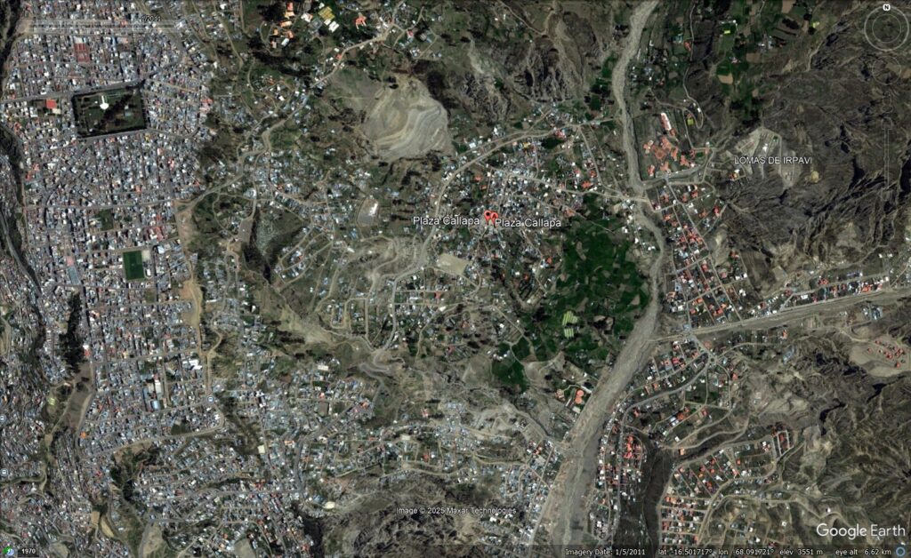 Google Earth imagery from May 2011 showing the site of the Collapa landslide in La Paz, Bolivia.