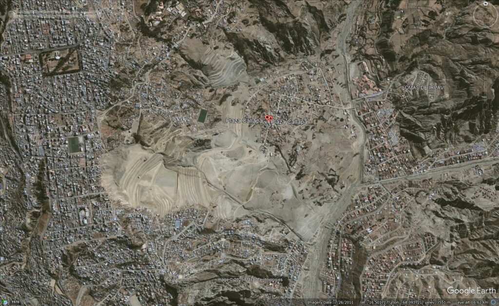 Google Earth imagery from July 2011 showing the aftermath of the Collapa landslide in La Paz, Bolivia.