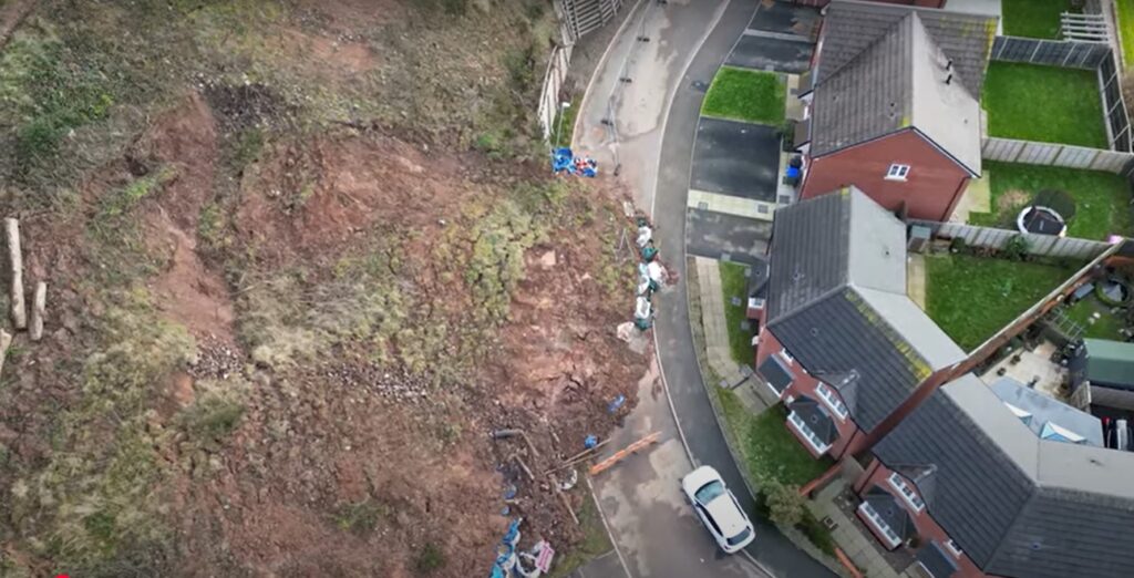 A still from drone footage showing the landslide at Cradley Heath in Birmingham, UK.