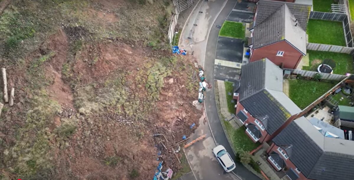 A still from drone footage showing the landslide at Cradley Heath in Birmingham, UK.