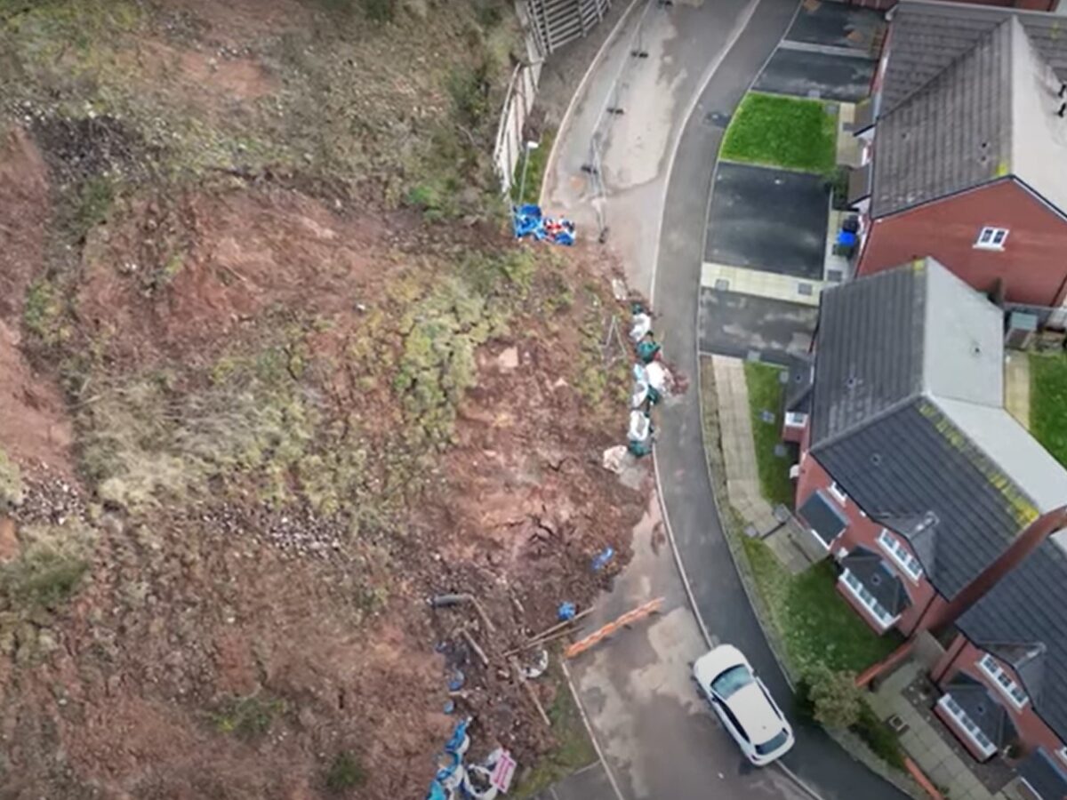 A still from drone footage showing the landslide at Cradley Heath in Birmingham, UK.