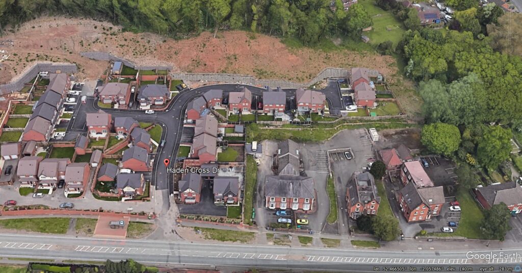 Google Earth imagery of the site of the landslide at Haden Cross Drive in Cradley Heath,