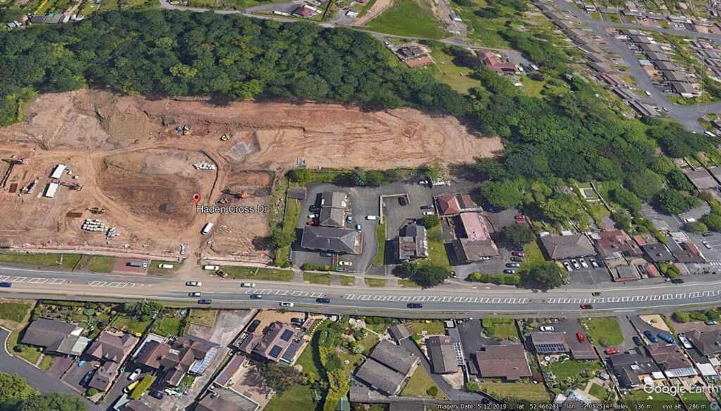 Google Earth imagery from 2019 showing site formation works at Haden Cross Drive in Cradley Heath.