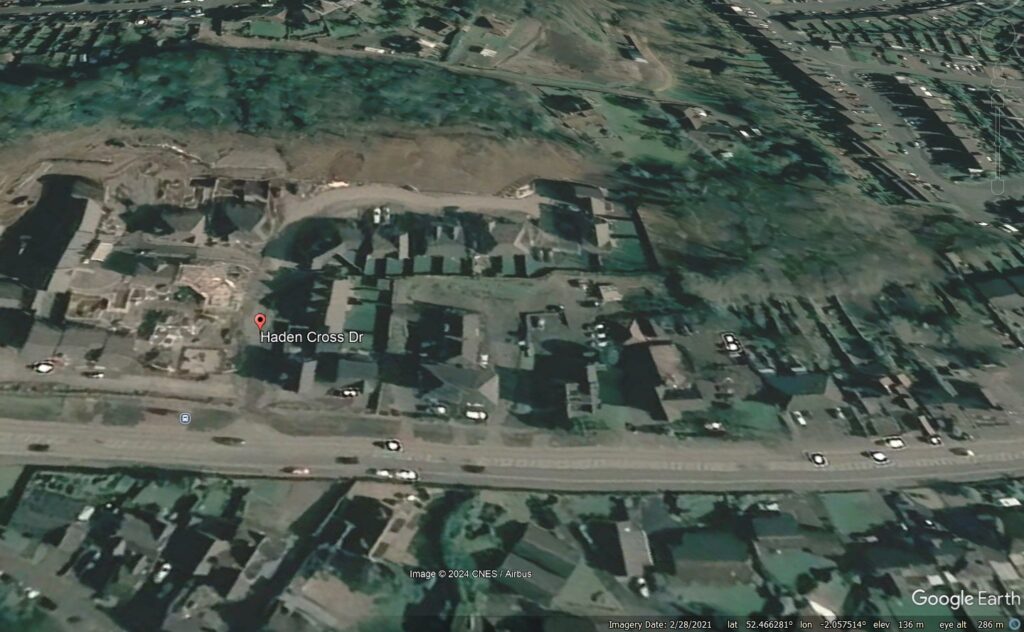 Google Earth imagery from 2021 showing the slopes at Haden Cross Drive in Cradley Heath.