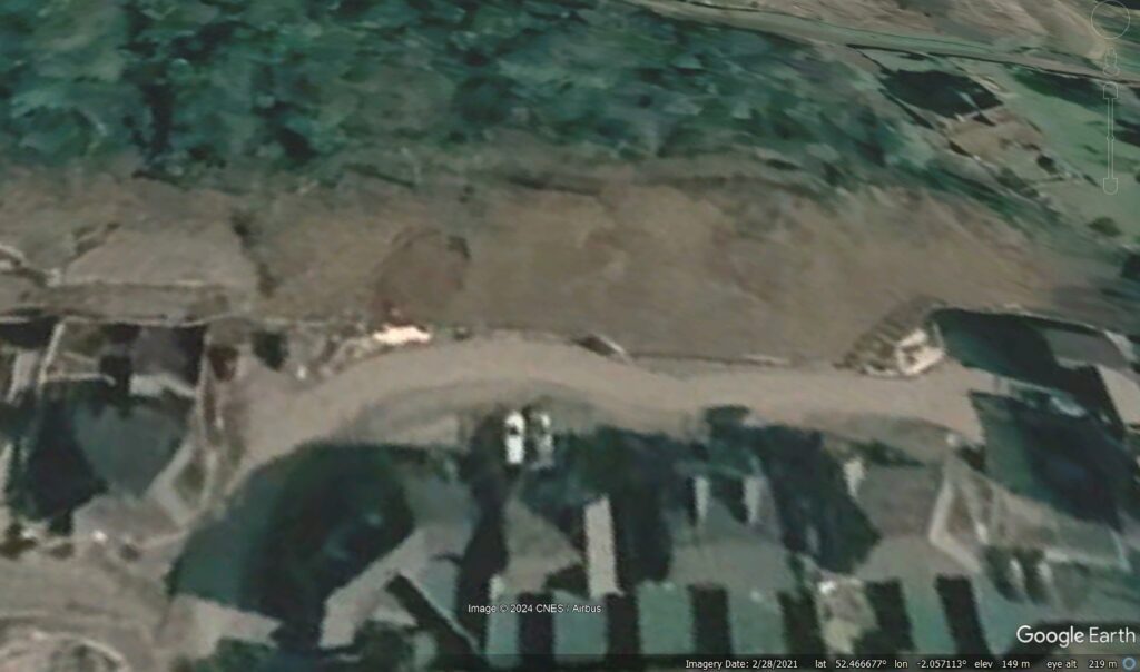 Google Earth imagery from 2021 showing in detail the slope at Haden Cross Drive in Cradley Heath.