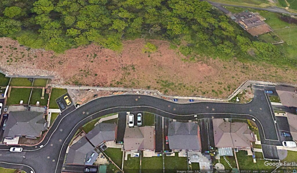 Google Earth imagery from 2022 showing in detail the slope at Haden Cross Drive in Cradley Heath.