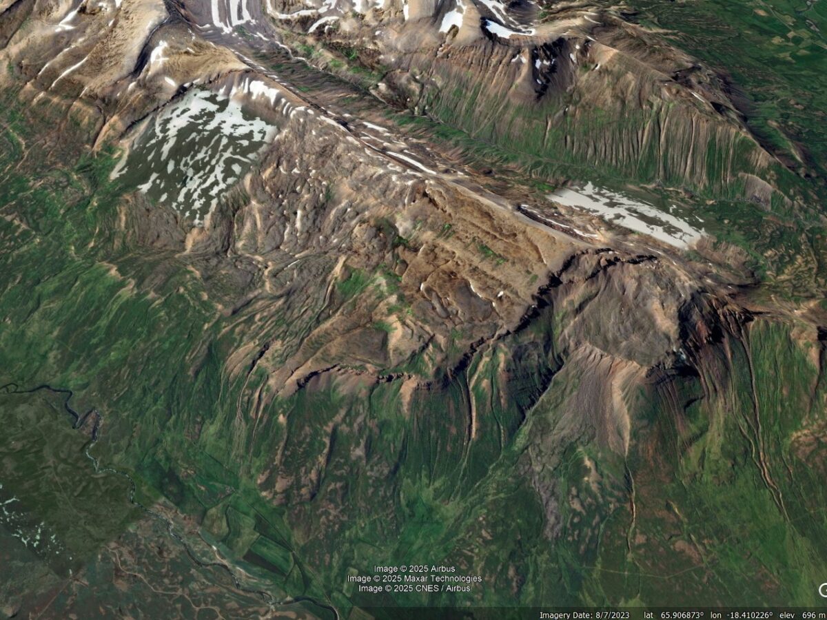 Google Earth image of a part of the the study by Booth and Pétursson (2025) into Holocene bedrock landslide occurrence around Eyjafjörður, North-Central Iceland. The image shows multiple bedrock landslides.