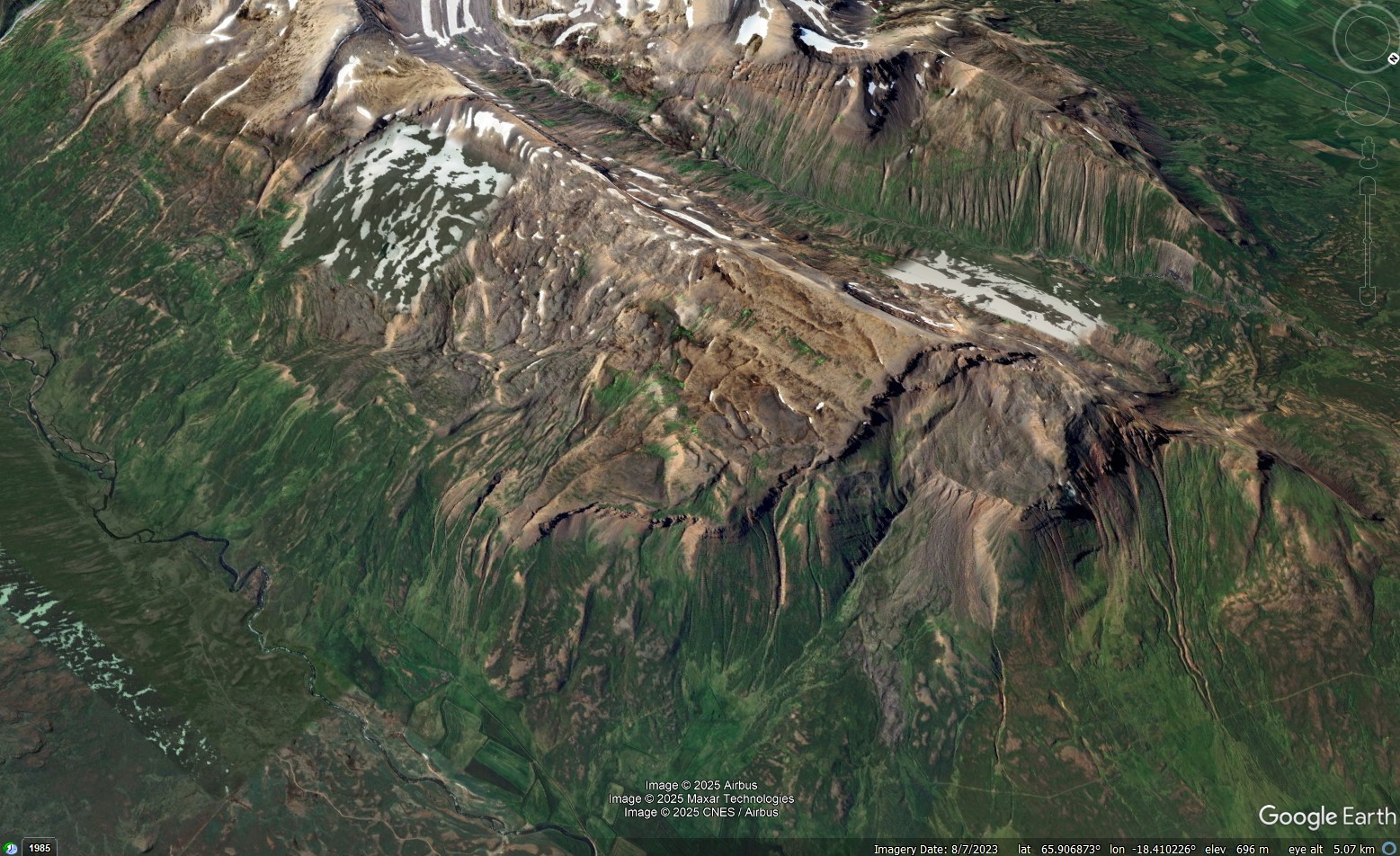Google Earth image of a part of the the study by Booth and Pétursson (2025) into Holocene bedrock landslide occurrence around Eyjafjörður, North-Central Iceland. The image shows multiple bedrock landslides.