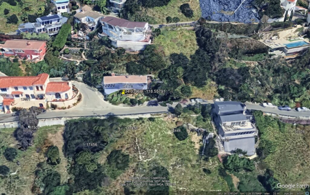 Google Earth image of the site of the landslides following the Palisades Fire in Los Angeles County.