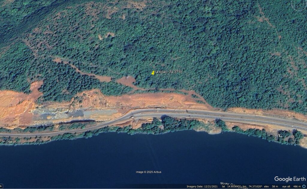 Google Earth image from December 2021 showing the site of the Shirur landslide in India.