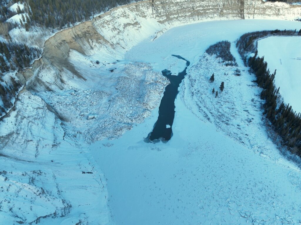 Oblique UAV photo of the Takhini River landslide. Note that majority of the river channel is now obstructed.