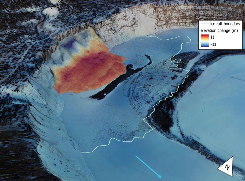 Surface elevation change detection comparing 2013 lidar DTM to a 2025 DSM created from UAV photos for the Takhini River landslide.