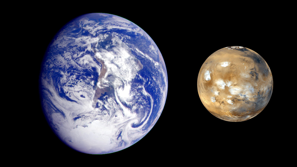 A side-by-side image of Earth and Mars.