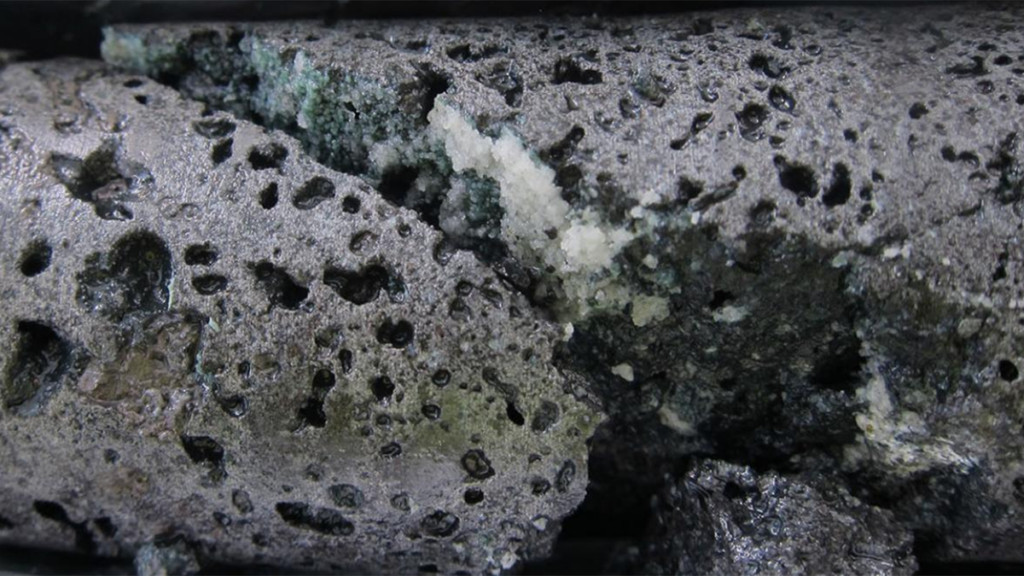 Photos of calcite crystals in a basalt core.