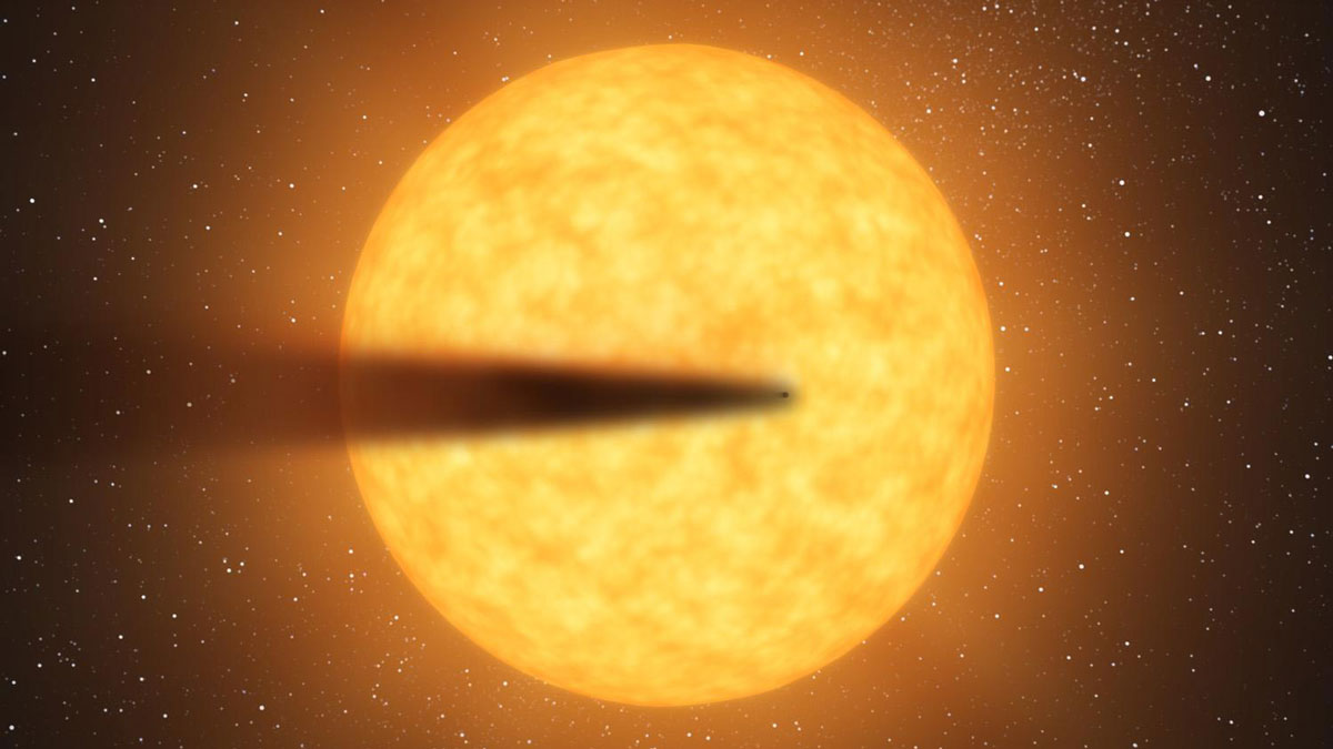 Artist’s illustration of a star with a small dark dot and a cone of translucent dust in front of it