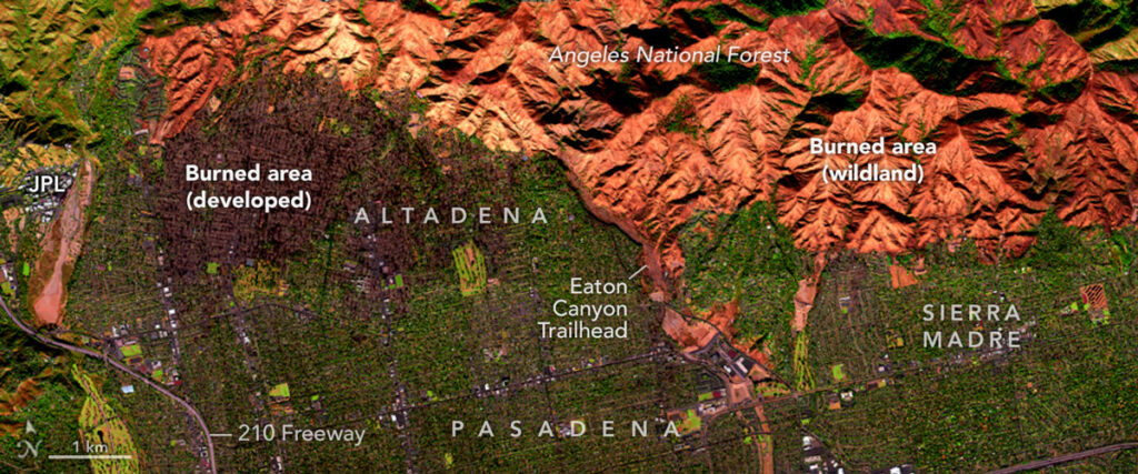 An orange, green, and brown satellite image of the area around Pasadena and Altadena in California shows the area burned by the Eaton Fire.