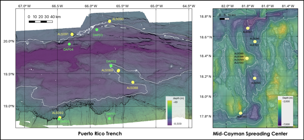 Bathymetric maps of Alvin’s Science Verification Expedition study locations near the Puerto Rico Trench and Mid-Cayman Rise displaying the locations and deployment identifiers of Alvin at each site and of the Deep Autonomous Profiler at the Puerto Rico Trench.