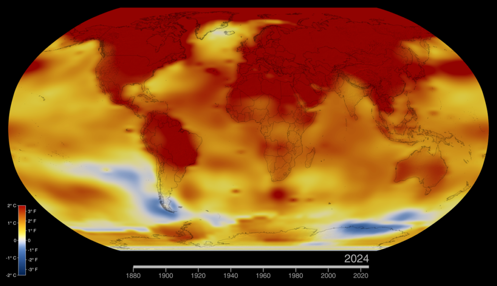 A global map mostly shaded in warm yellow, orange, and red tones, with a few cooler blue patches in the oceans around Antarctica and South America