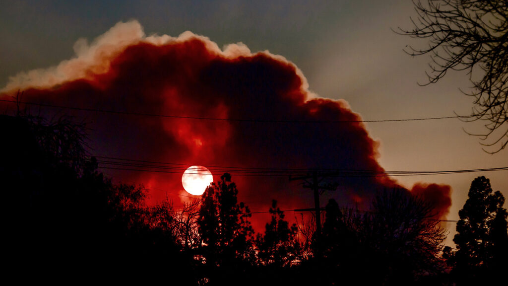 The Sun shines dimly through a cloud of red smoke. Silhouettes of trees can be seen in the foreground.