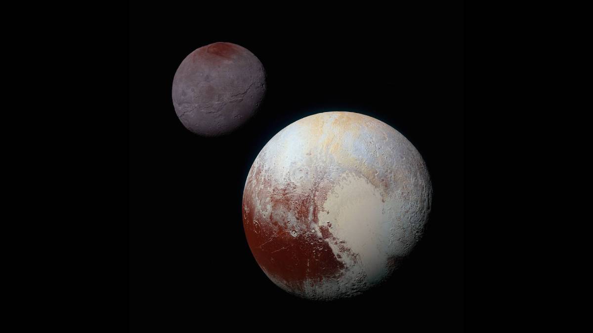 Images of Pluto and Charon on a black background.
